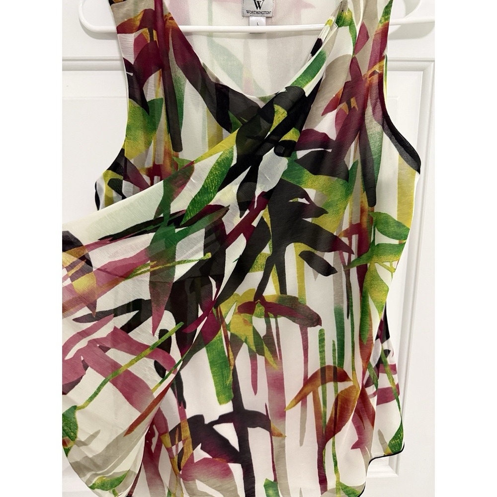 Worthington Women's Bamboo Print Sheer Sleeveless Top Blouse Sz L Summer Shirt - Picture 3 of 7